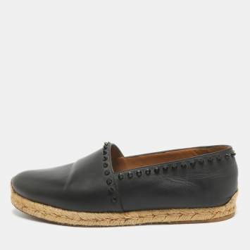 Pre Owned Christian Louboutin Black Leather Spikes Ares Espadrilles Flats Size  41