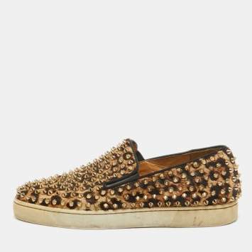 Pre Owned Christian Louboutin Beige/Brown Leopard Print Calf Hair Spike Pik Boat Sneakers Size 40.5