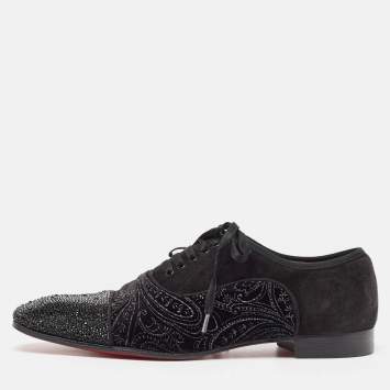 Pre Owned Christian Louboutin Black Suede and Embellished Velvet Greggo Oxfords Size 42