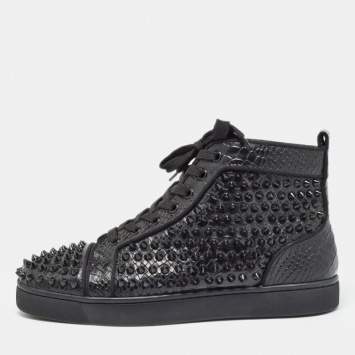Pre Owned Christian Louboutin Black Python Embossed Leather Louis Spikes Sneakers Size 41