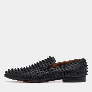 Pre Owned Christian Louboutin Black Leather Roller Boat Spiked Smoking Slippers Size 41.5 