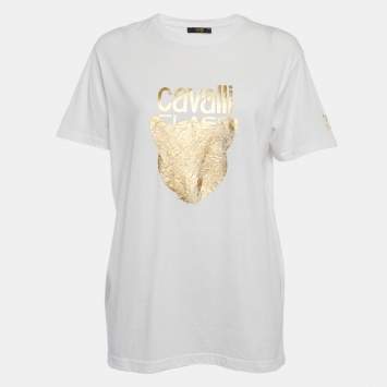 Pre Owned Class by Roberto Cavalli White/Gold Cotton Crew Neck T-Shirt L