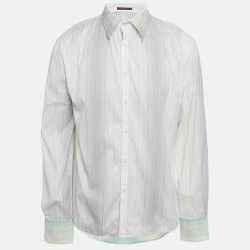 Pre Owned Class by Roberto Cavalli White Stripe Cotton Embroidery Detail Button Front Shirt XXL