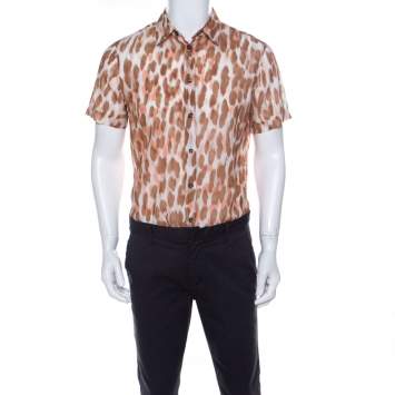 Pre Owned Class by Roberto Cavalli Brown Ikkat Leopard Print Cotton Short Sleeve Shirt S