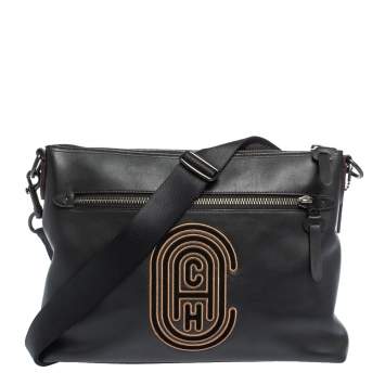 Pre Owned Coach Black Logo Patch Leather Rivington Messenger Bag