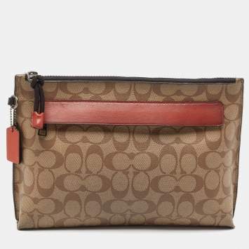 Coach Beige Signature Coated Canvas and Leather Carryall Pouch 