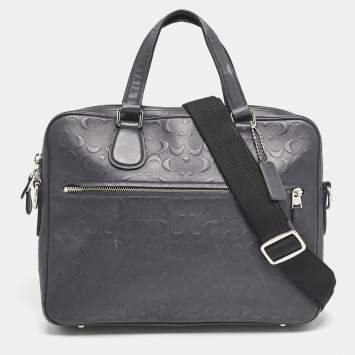 Coach Navy Blue Signature Embossed Leather Hudson Briefcase Laptop Bag