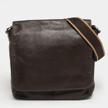 Pre Owned Coach Heritage Web Dark Brown Leather Messenger Bag