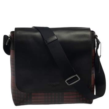 Coach Black/Red Plaid Print Coated Canvas and Leather Charles Messenger Bag