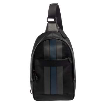 Coach Black Leather and Mesh Varsity Stripe Charles Pack Sling Backpack