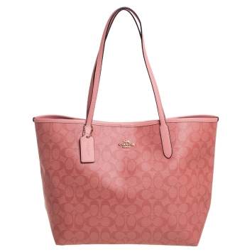 Pre Owned Coach Pink Signature Coated Canvas Avenue Tote