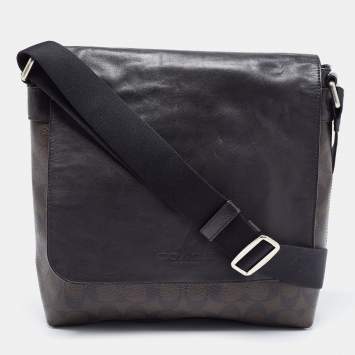 Pre Owned Coach Black/Brown Signature Coated Canvas and Leather Charles Messenger Bag