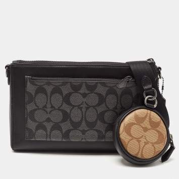 Pre Owned Coach Black/Grey Leather and Signature Coated Canvas Holden Crossbody Bag