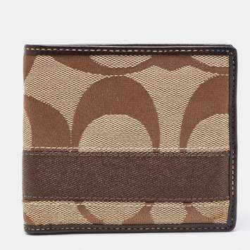 Pre Owned Coach Beige/Brown Signature Canvas Compact Bifold Wallet    