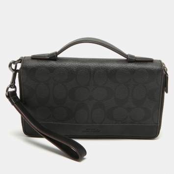 Coach Grey/Black Signature Canvas and Leather Zip Wristlet Pouch