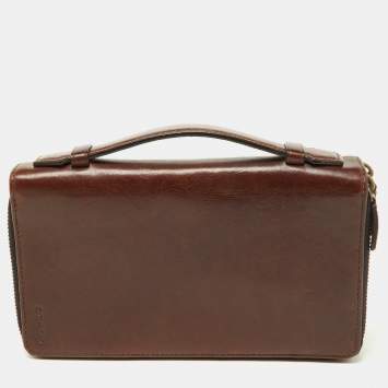 Pre Owned Coach Brown Leather Double Zip Travel Organizer 