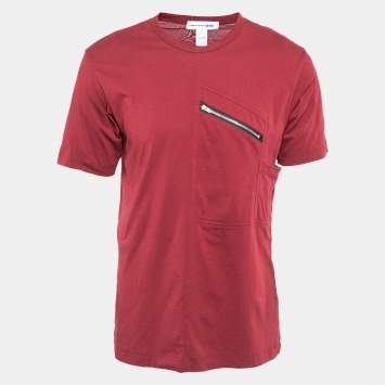 Pre Owned Comme des Garcons Shirt Burgundy Cotton Zip Detail T-Shirt L