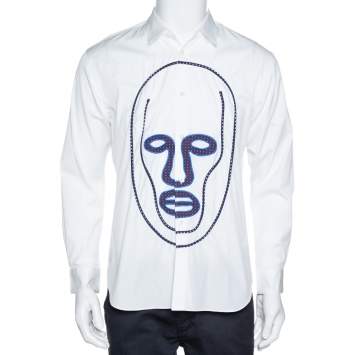 Pre Owned Comme des Garcons White Cotton Face Motif Embroidered Shirt S