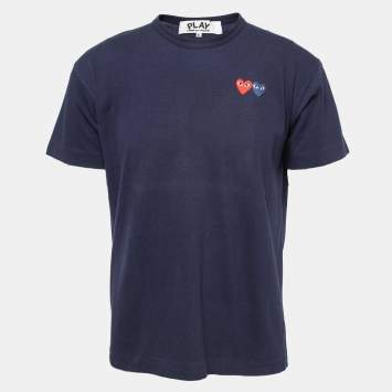 Pre Owned Comme des Garcons Play Navy Blue Heart Appliqued Cotton Crew Neck T-Shirt XL