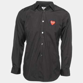 Pre Owned Comme des Garçons Black Cotton Heart Applique Button Front Shirt M