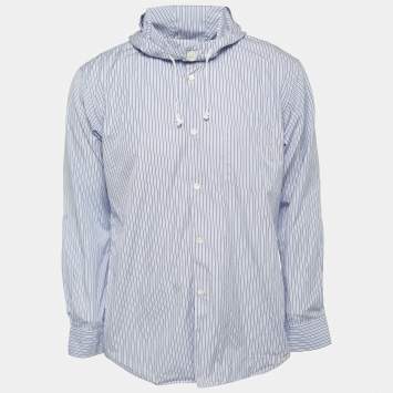 Pre Owned Comme des Garçons Blue Striped Cotton Button Front Hooded Full Sleeve Shirt M