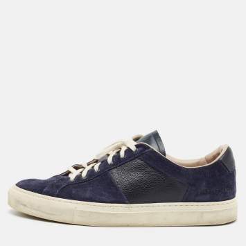 Pre Owned Common Projects Achilles Size 42 Navy Blue/Black Grained Leather and Suede Low Top Sneakers