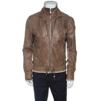 Pre Owned D & G Brown Leather Rib Knit Trim Bomber Jacket XL