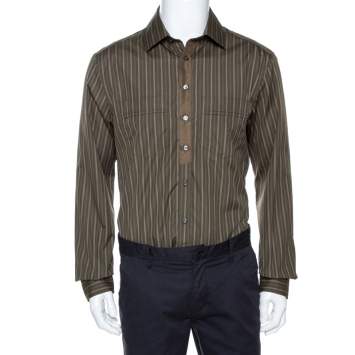Pre Owned D & G Khaki Green Striped Cotton Slim Fit Shirt XXL