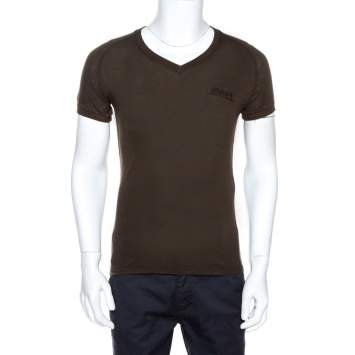 Pre Owned D & G Olive Green Logo Embroidered Knit V Neck T-Shirt S