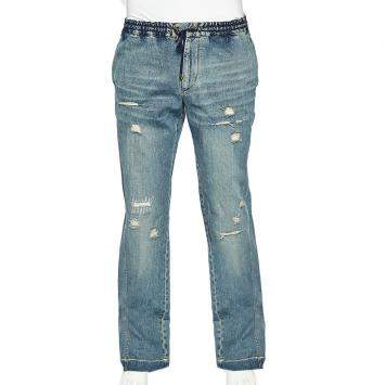 Pre Owned D&G Blue Denim Elastic Waist Wide Leg Distressed Jeans XL