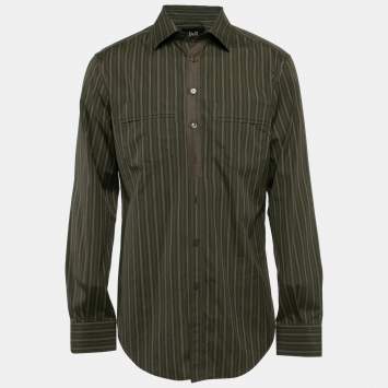 D&G Khaki Green Striped Cotton Slim Fit Shirt XXL