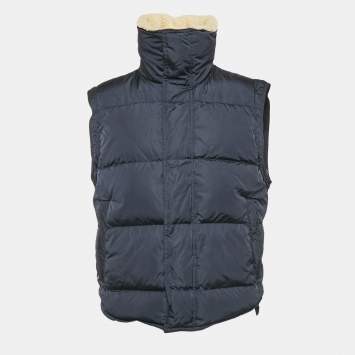 Dolce & Gabbana Navy Blue Shearling Collar Nylon Puffer Vest L