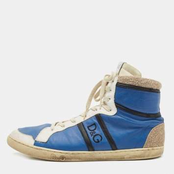 Pre Owned D&G Blue/White Leather and Suede High Top Sneakers Size 45
