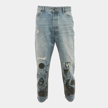 مملوكة مسبقًا بنطلون ديزل بلاك جولد أزرق مرهق بطباعة الجرافيتي بقصة ضيقة الدنيم مقاس متوسط كبير خصر 33 بوصة