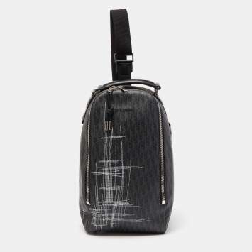 Pre Owned Dior Homme Dark Grey Stitched Print Oblique Coated Canvas Rider Sling Bag