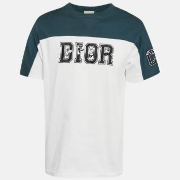 Pre Owned Dior Homme White/Blue Logo Print Colorblocked Cotton Knit T-Shirt M