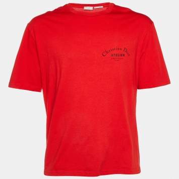 Pre Owned Dior Homme Red Logo Print Cotton Limited Edition Crew Neck T-Shirt L