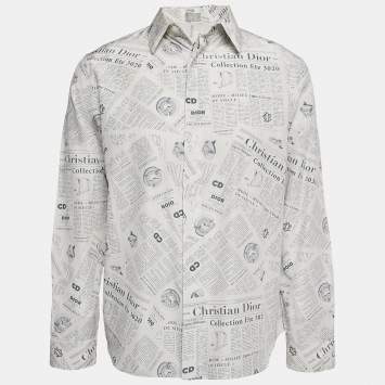 Pre Owned Dior Homme White News Paper Print Cotton Blend Shirt L