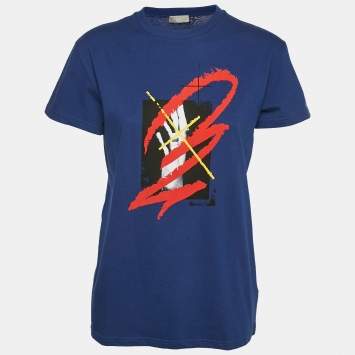 Pre Owned Dior Homme Blue Printed Jersey Crewneck T-Shirt XS