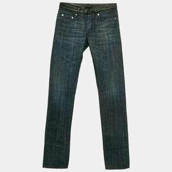 Pre Owned Dior Homme Navy Blue Leather Trim Denim Regular Fit Jeans M Waist 32"