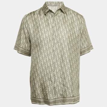 Pre Owned Dior Homme Green Oblique Monogram Print Silk Hawaiian Shirt M