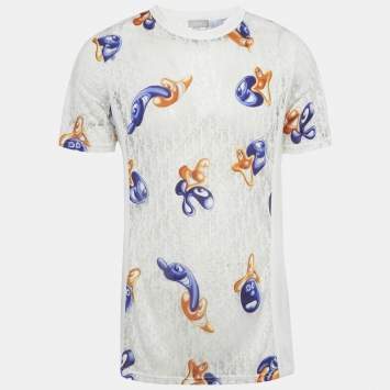 مملوكة مسبقًا تي شيرت ديور هوم أبيض أوبليك شفاف جيرسي مقاس كبير