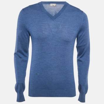 Pre Owned Dior Homme Blue Wool Knit V-Neck Sweater M