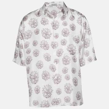 مملوكة مسبقًا Dior Homme White Printed Silk Short Sleeve Shirt L