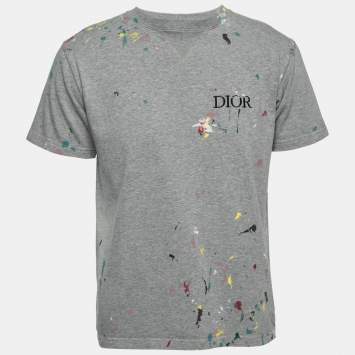 Pre Owned Dior Homme Grey Paint Splattered Cotton Logo Embroidered T-Shirt S