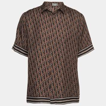 Pre Owned Dior Homme Brown Oblique Silk Short Sleeve Shirt M