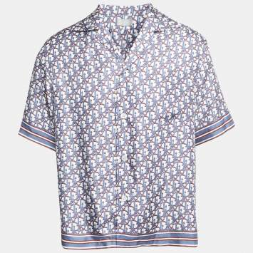 Pre Owned Dior Homme Blue Oblique Pixel Printed Silk Short Sleeve Shirt XS