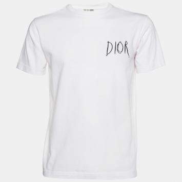 Pre Owned Dior Homme White Logo Embroidered Cotton Crew Neck T-Shirt XXS