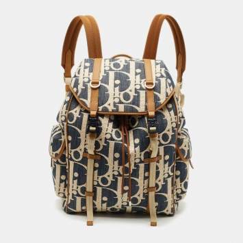 Pre Owned Dior Blue/Beige Oblique Denim and Raffia Hit The Road Backpack
