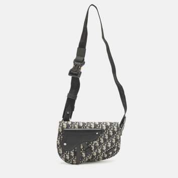 Pre Owned Dior Saddle Beige/Black Oblique Canvas and Leather Messenger Bag